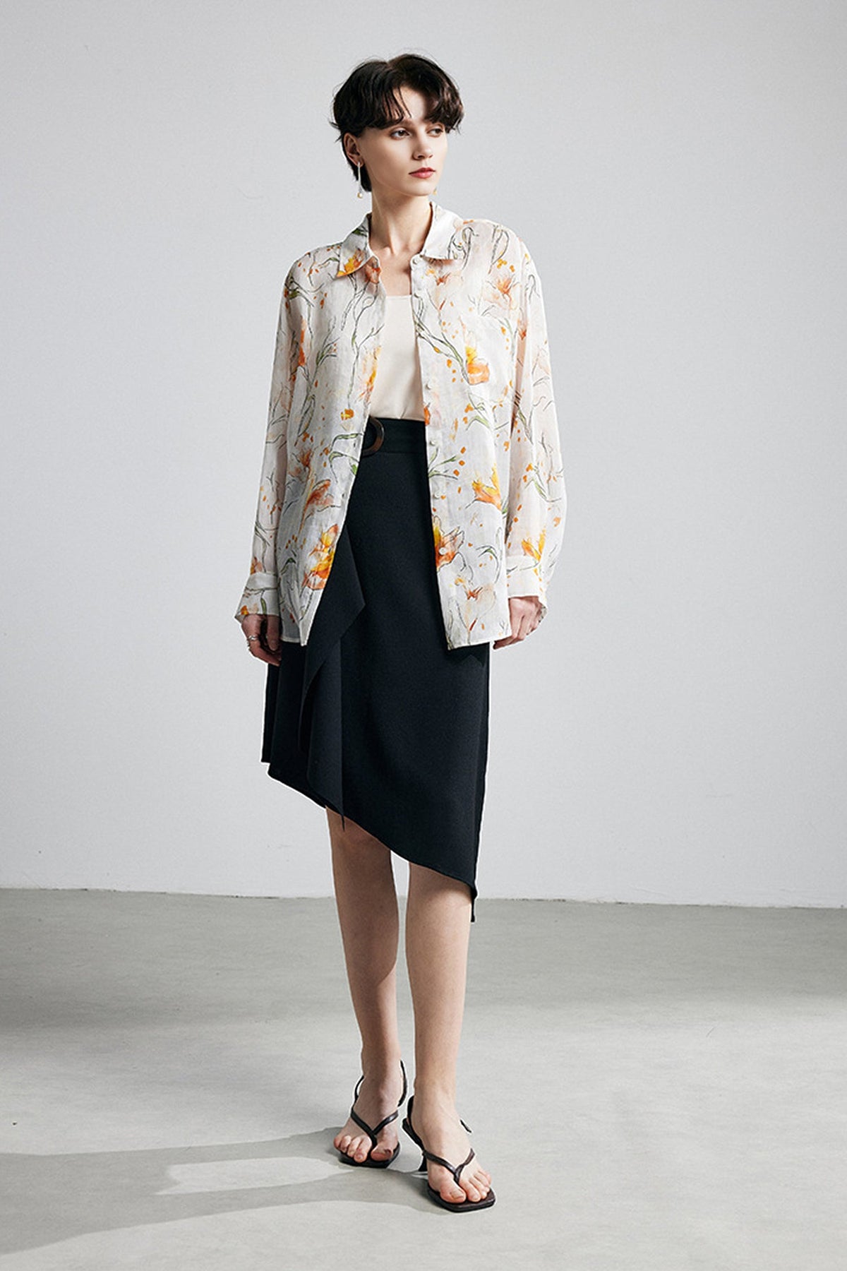 100% Ramie White Floral Button-Down Shirt