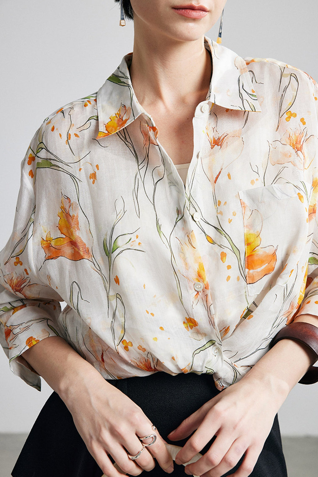 100% Ramie White Floral Button-Down Shirt