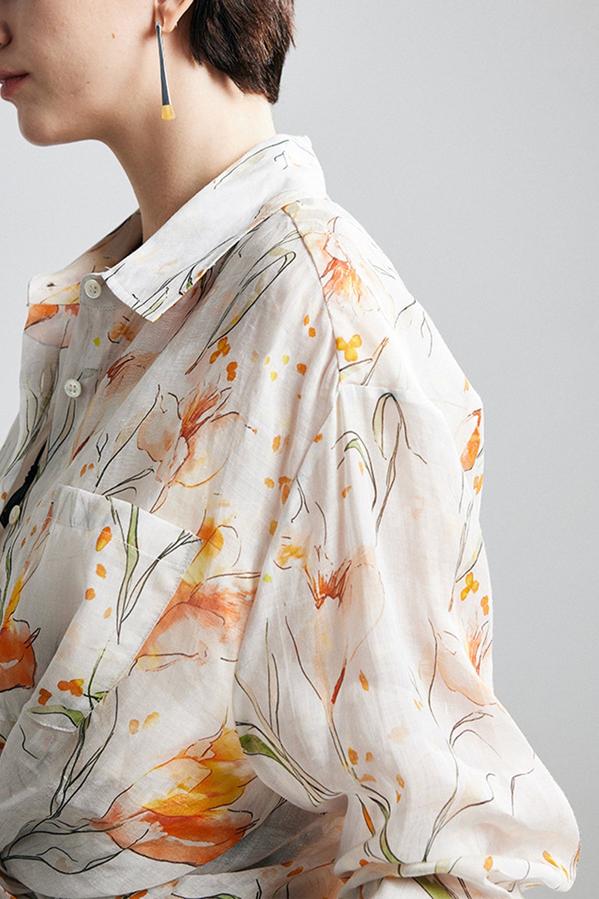 100% Ramie White Floral Button-Down Shirt
