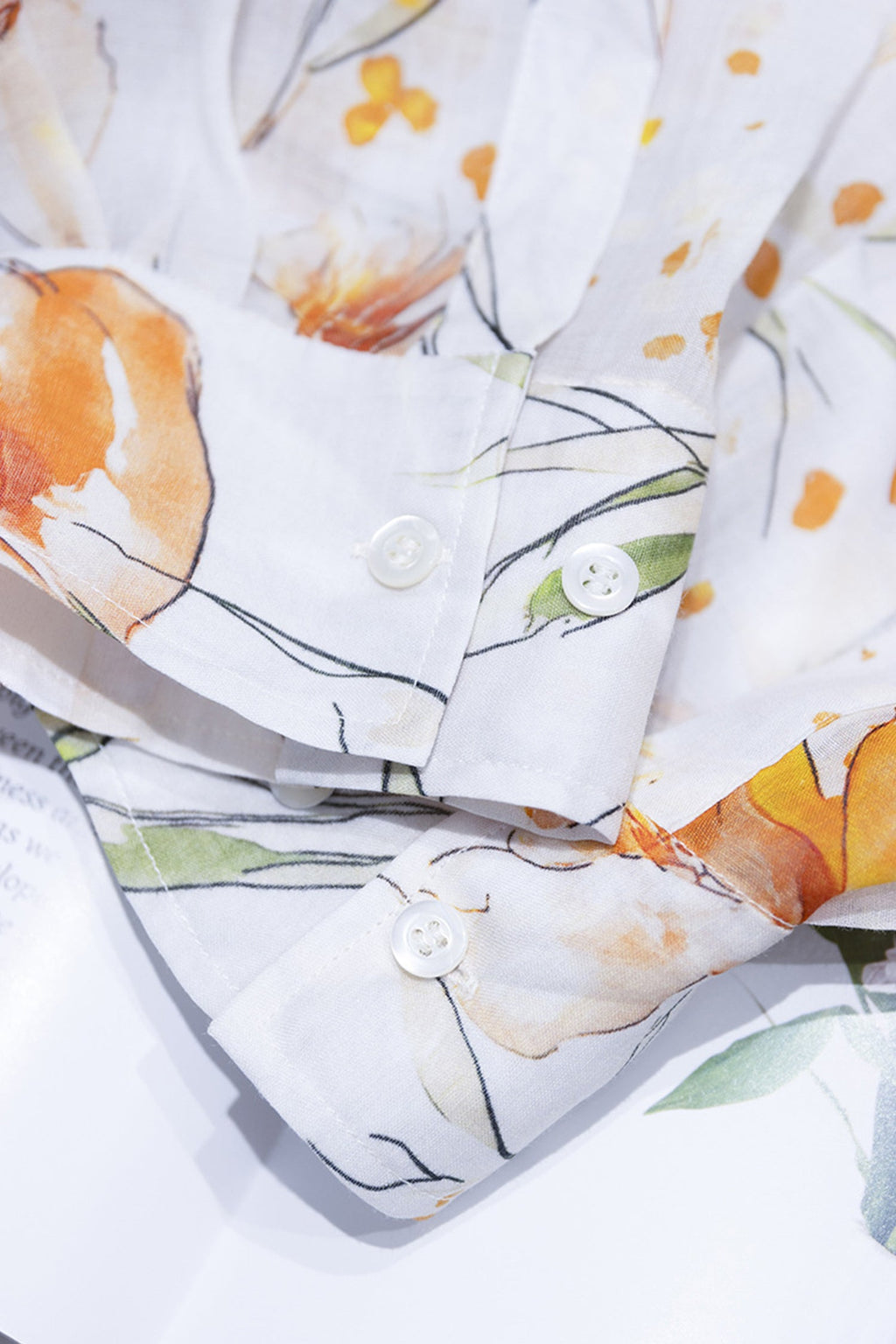 100% Ramie White Floral Button-Down Shirt