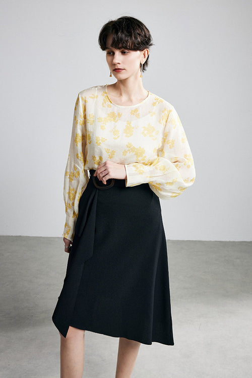 100% Ramie White Floral Long Sleeve Blouse