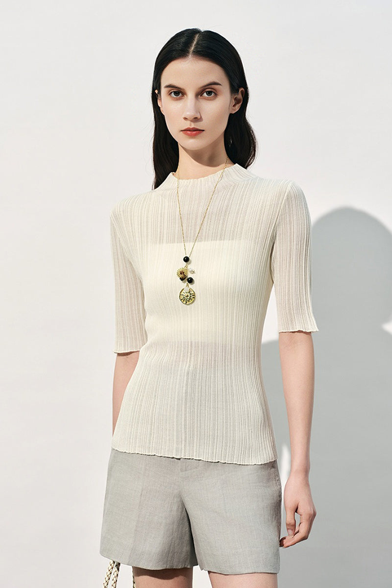 100% Silk Elegant Slim Mock-Neck Ribbed Top