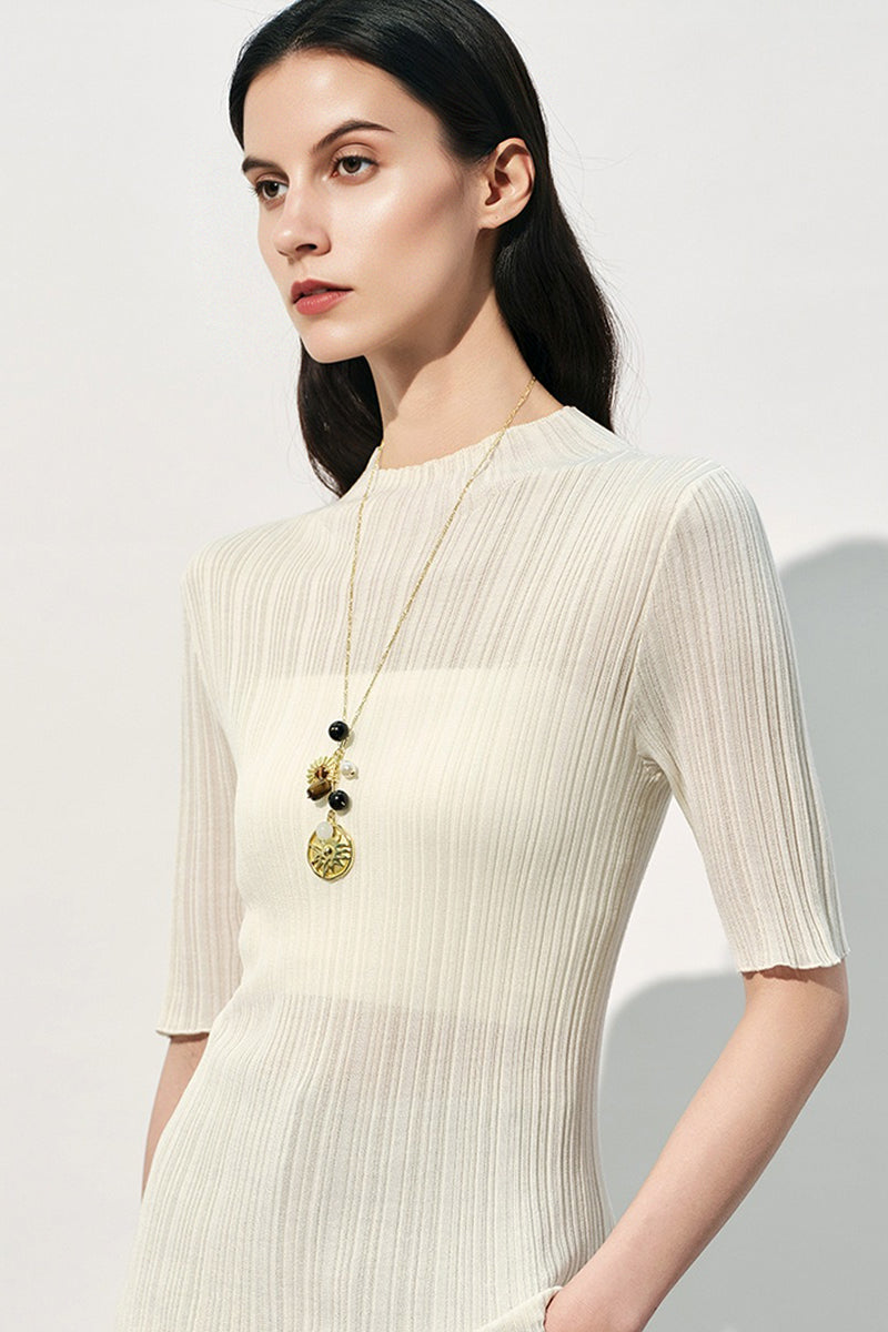 100% Silk Elegant Slim Mock-Neck Ribbed Top