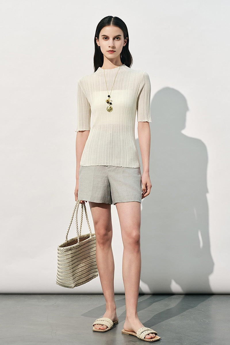 100% Silk Elegant Slim Mock-Neck Ribbed Top