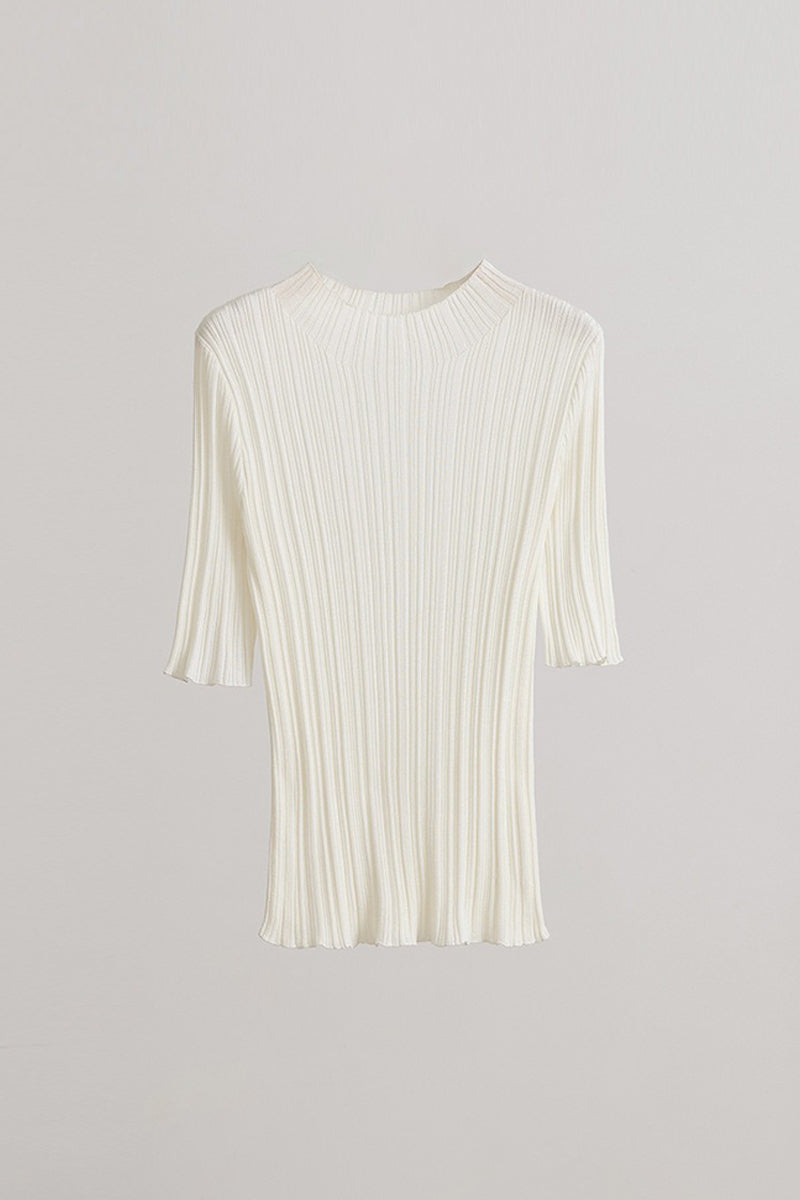 100% Silk Elegant Slim Mock-Neck Ribbed Top