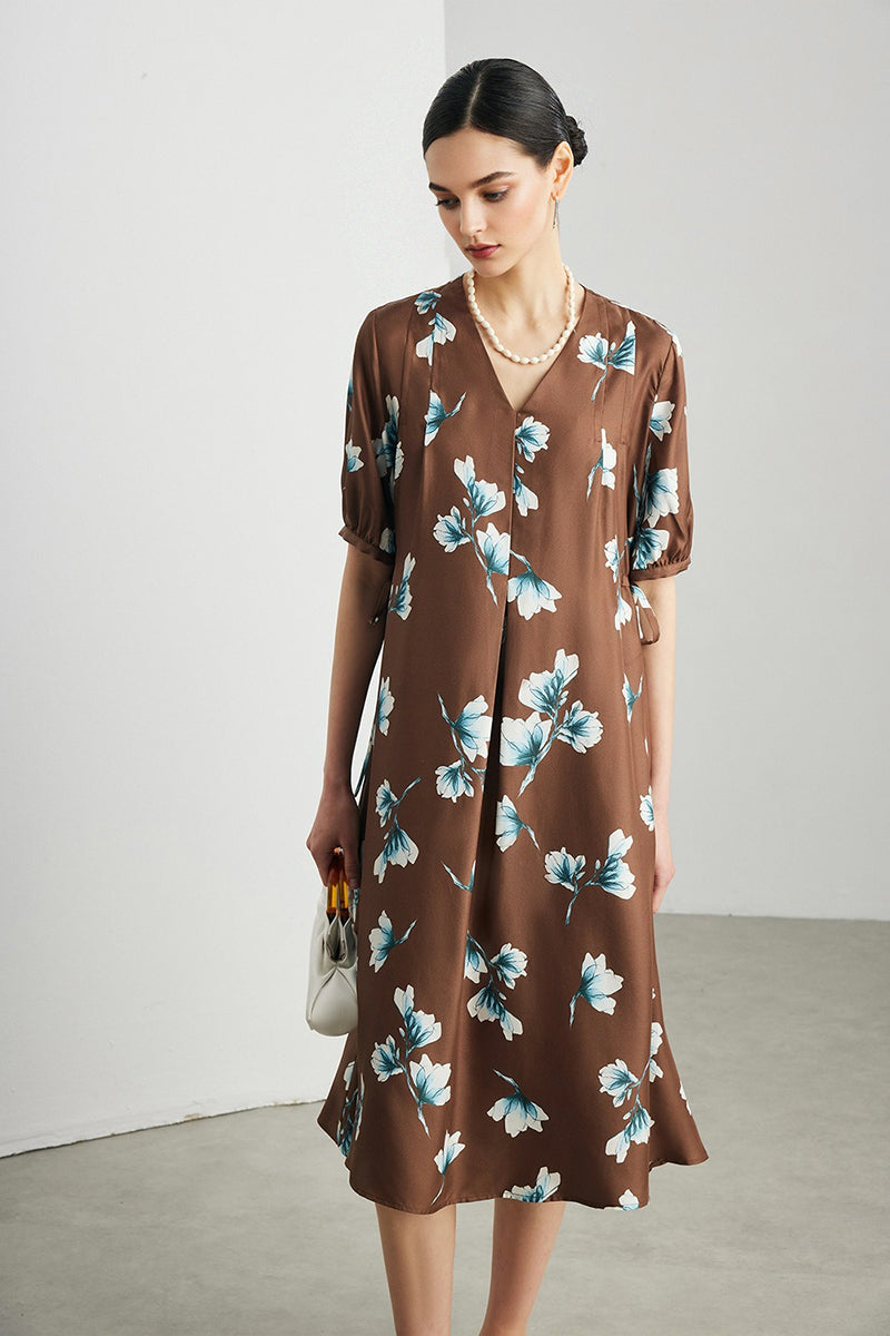 100% Silk Floral Short-Sleeve A-Line Midi Dress