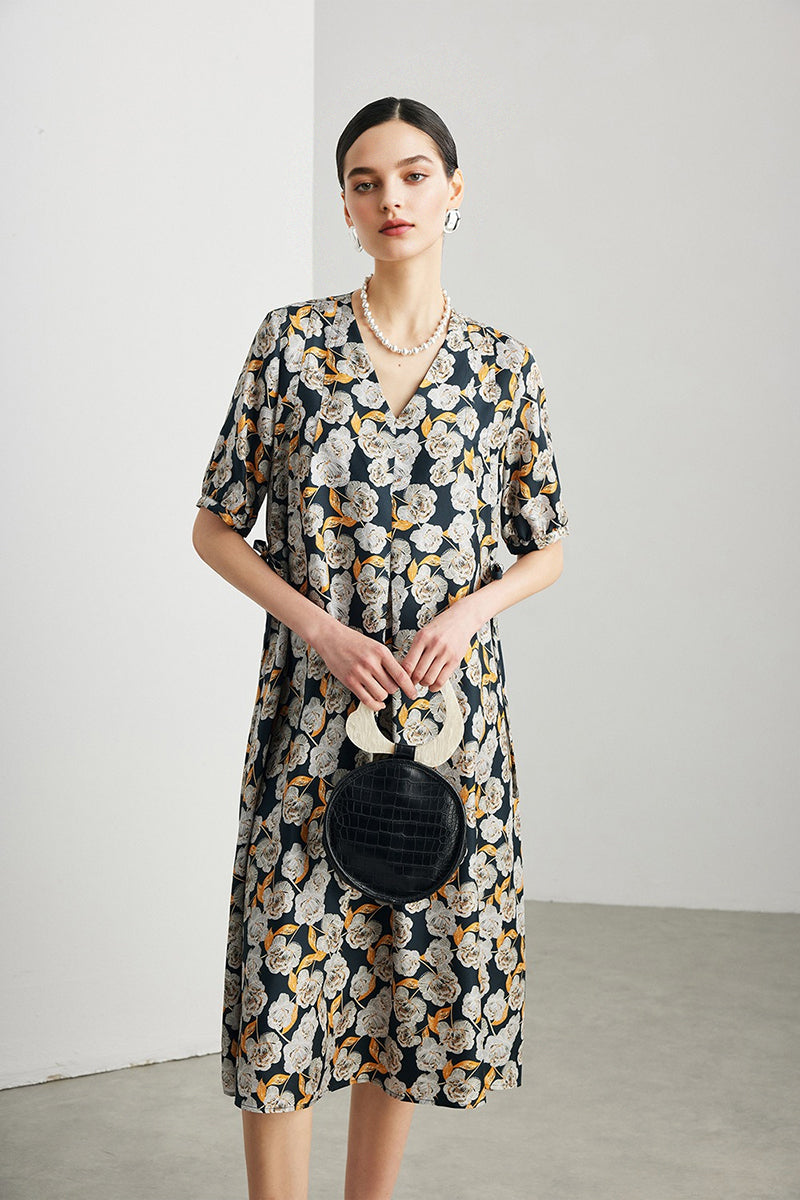100% Silk Floral Short-Sleeve A-Line Midi Dress