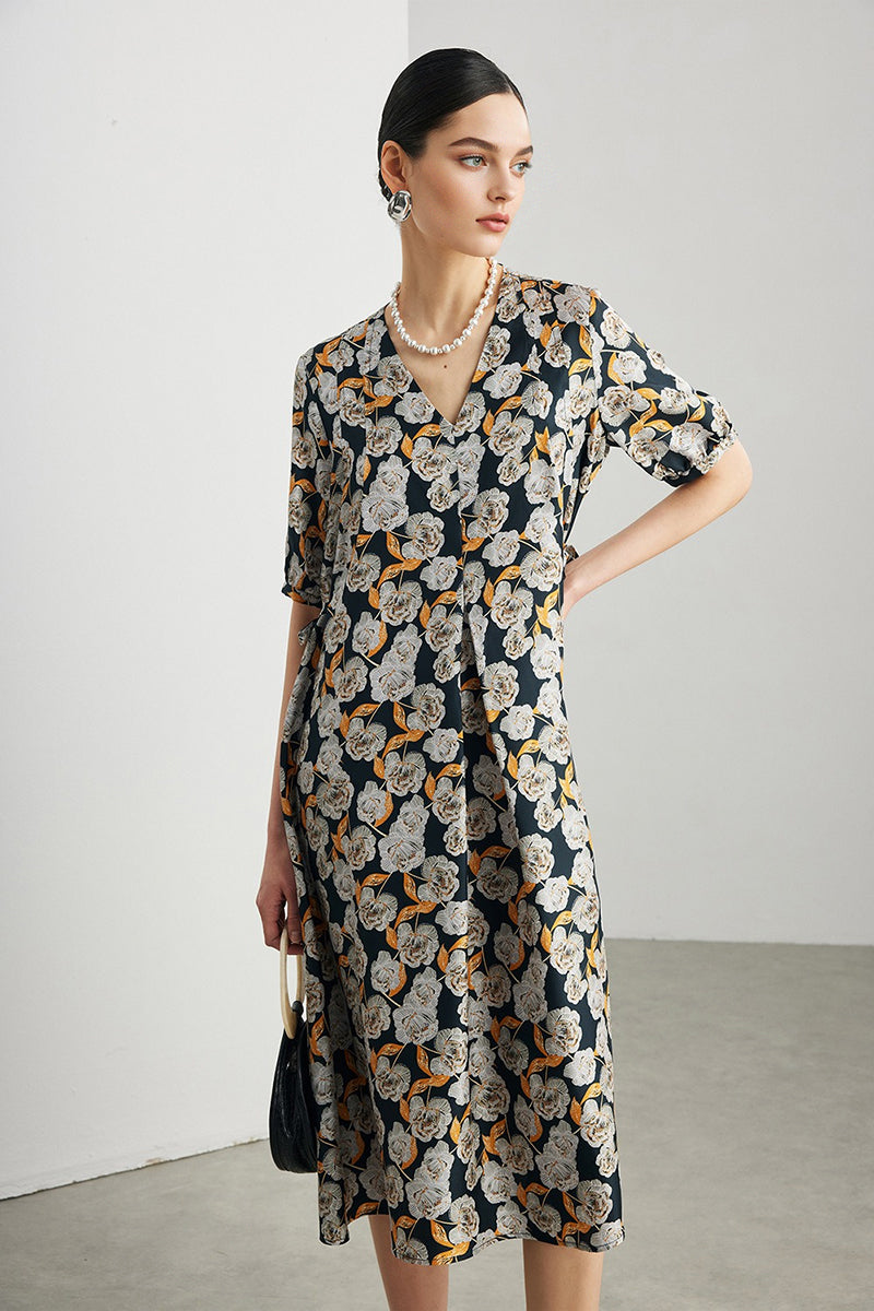 100% Silk Floral Short-Sleeve A-Line Midi Dress
