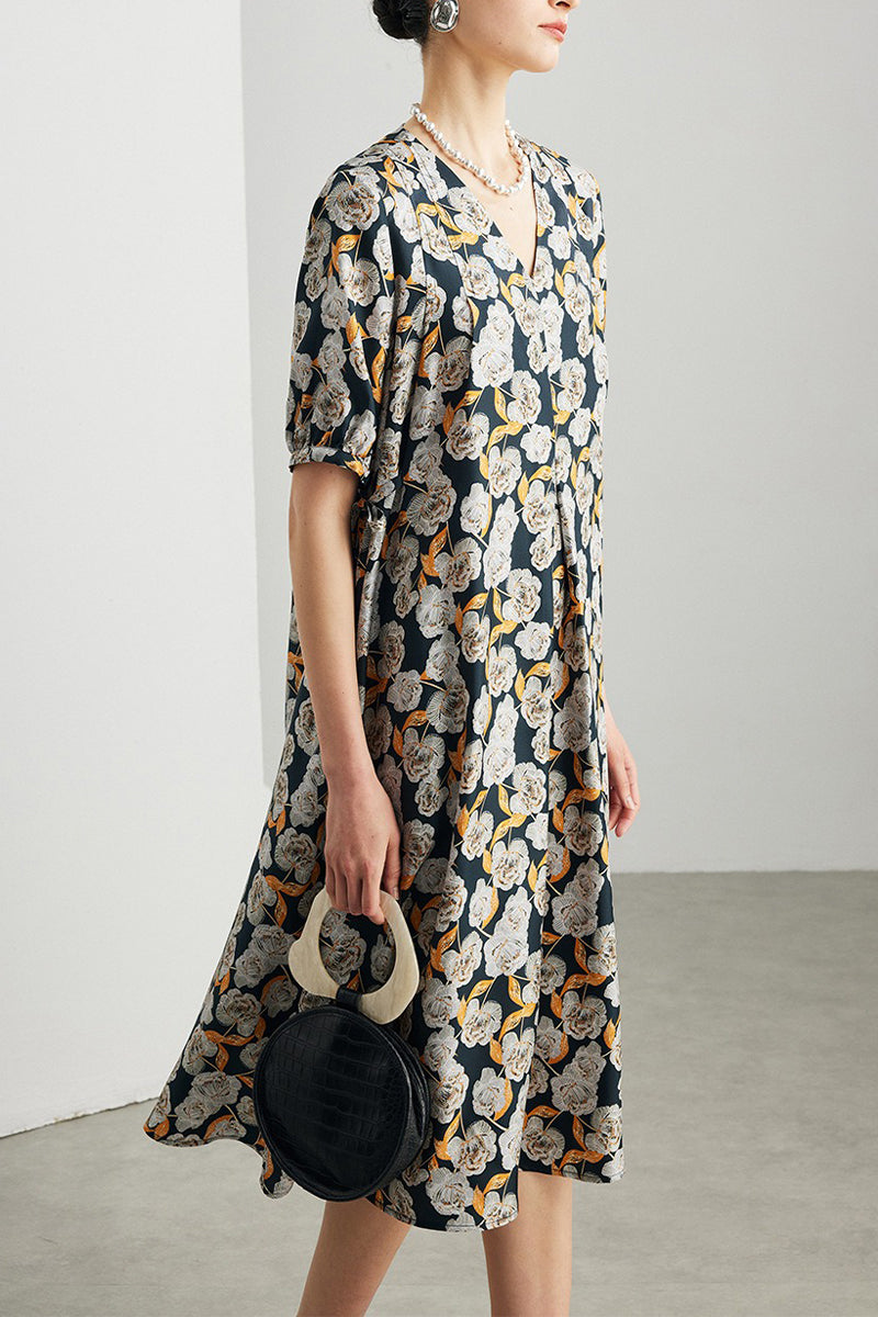 100% Silk Floral Short-Sleeve A-Line Midi Dress