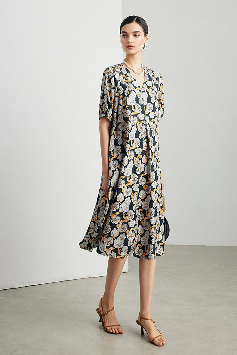 100% Silk Floral Short-Sleeve A-Line Midi Dress