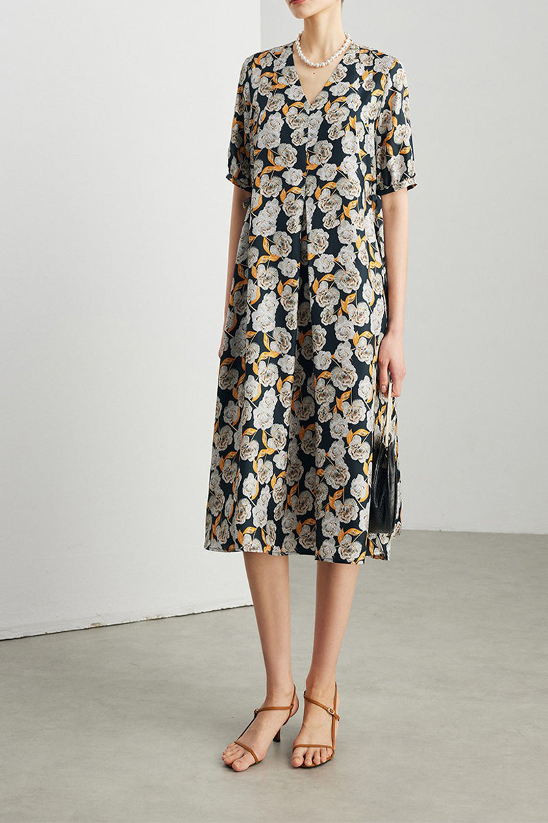 100% Silk Floral Short-Sleeve A-Line Midi Dress