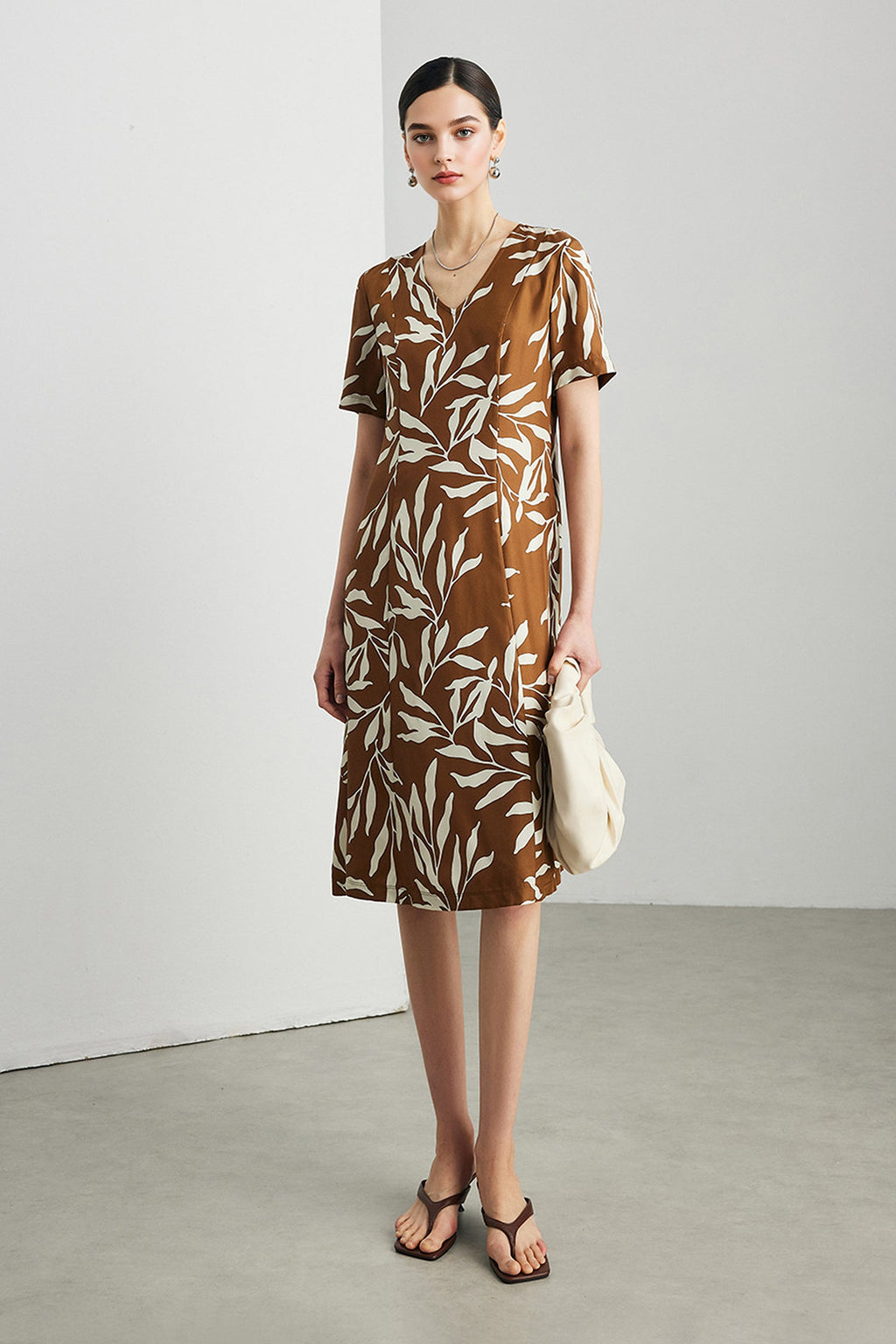 100% Silk Floral Short-Sleeve Midi Dress