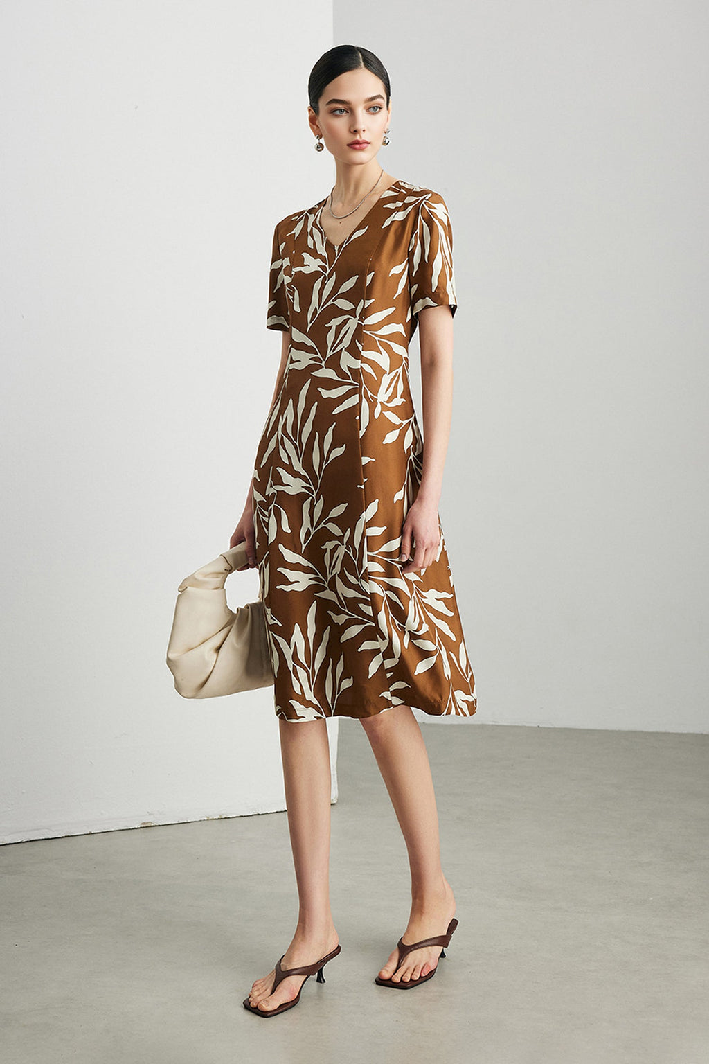 100% Silk Floral Short-Sleeve Midi Dress