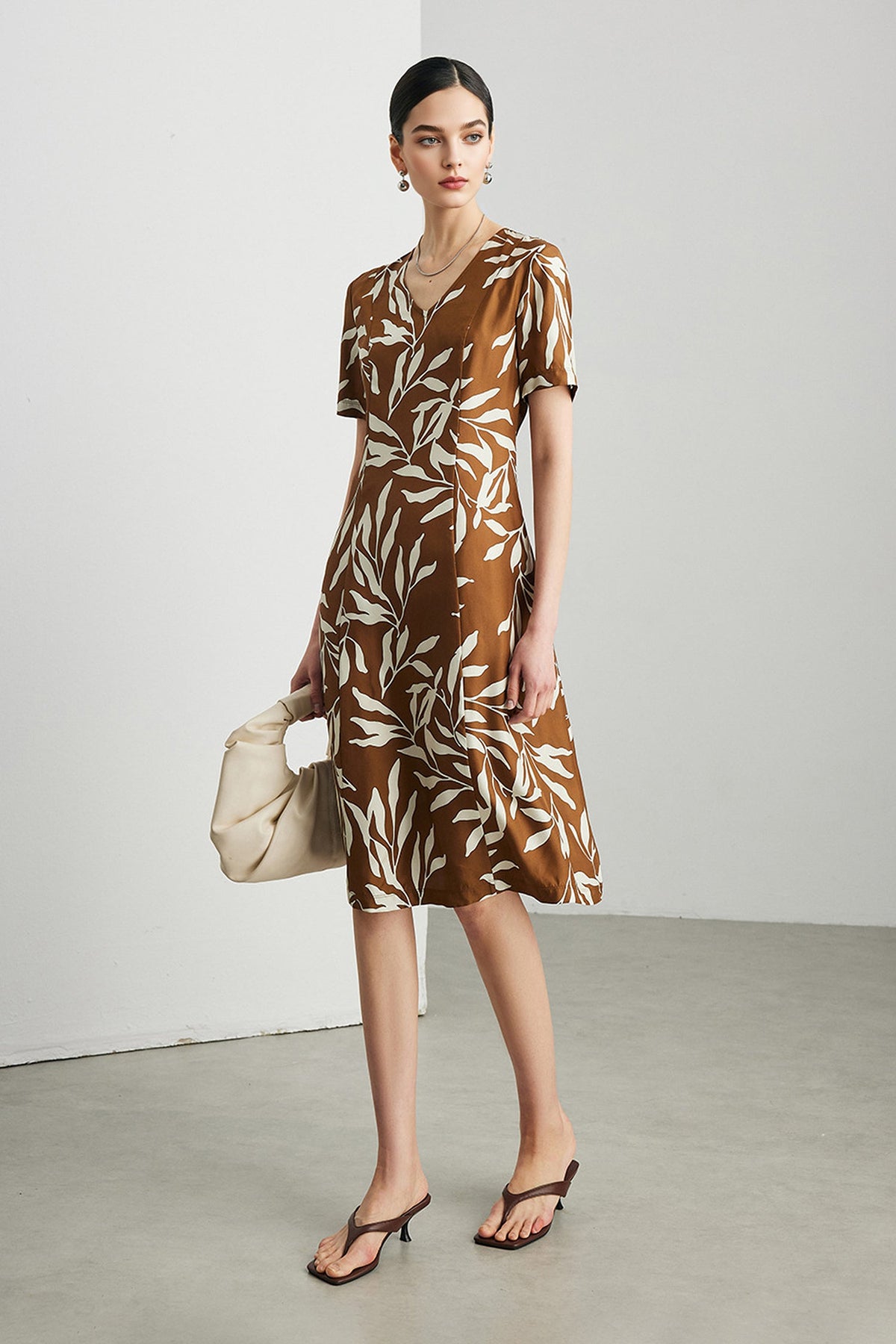 100% Silk Floral Short-Sleeve Midi Dress