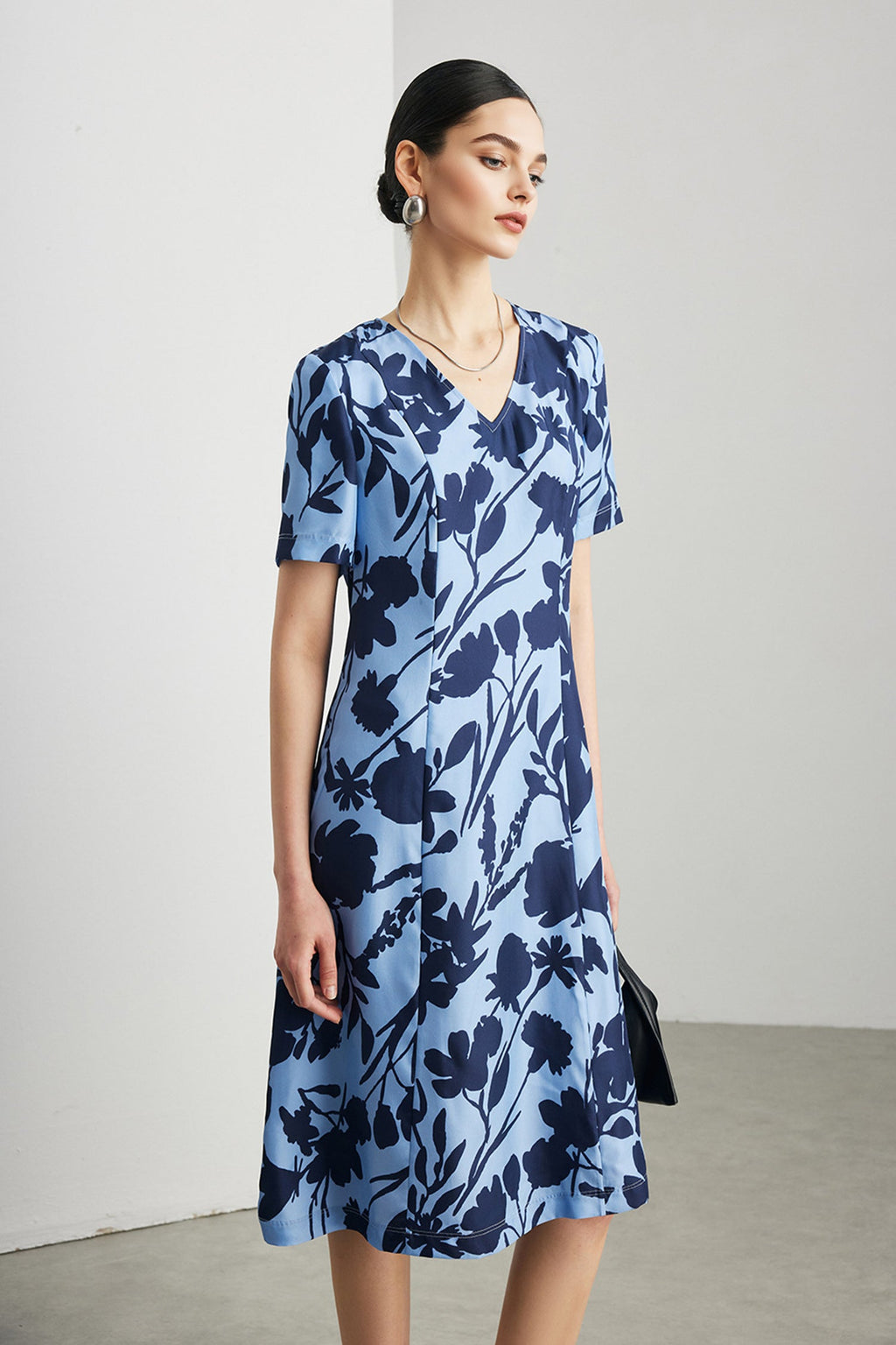 100% Silk Floral Short-Sleeve Midi Dress