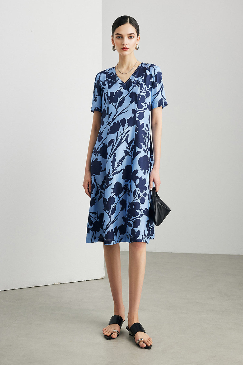 100% Silk Floral Short-Sleeve Midi Dress