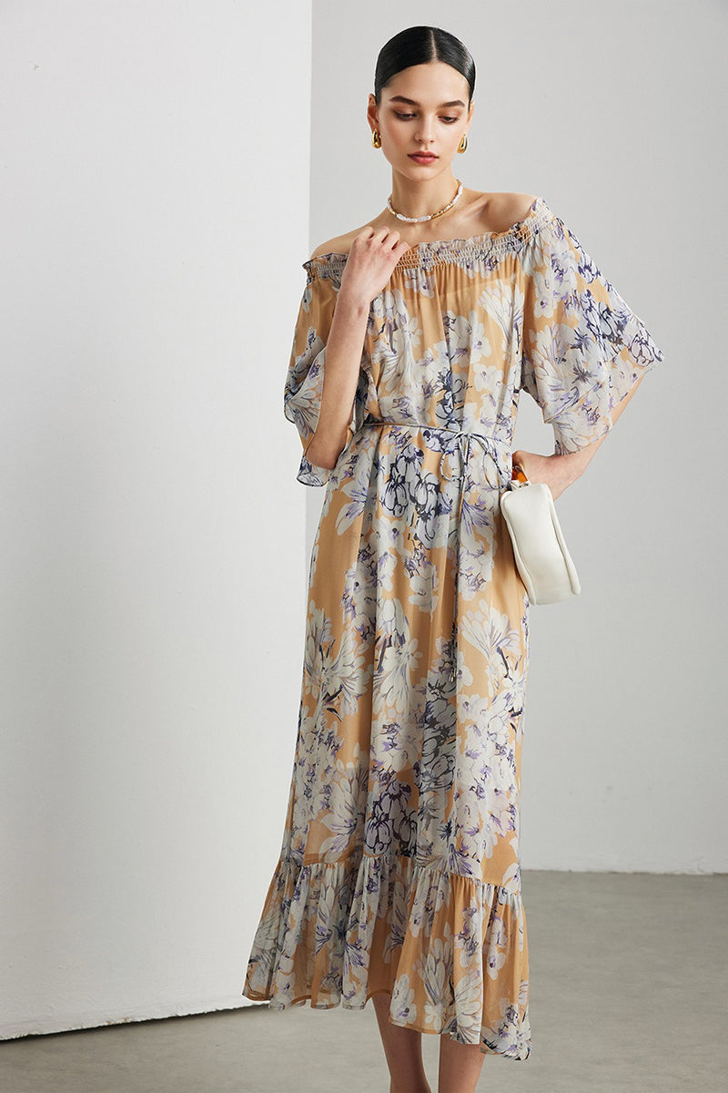 100% Silk Georgette Floral Off-The-Shoulder Midi Dress