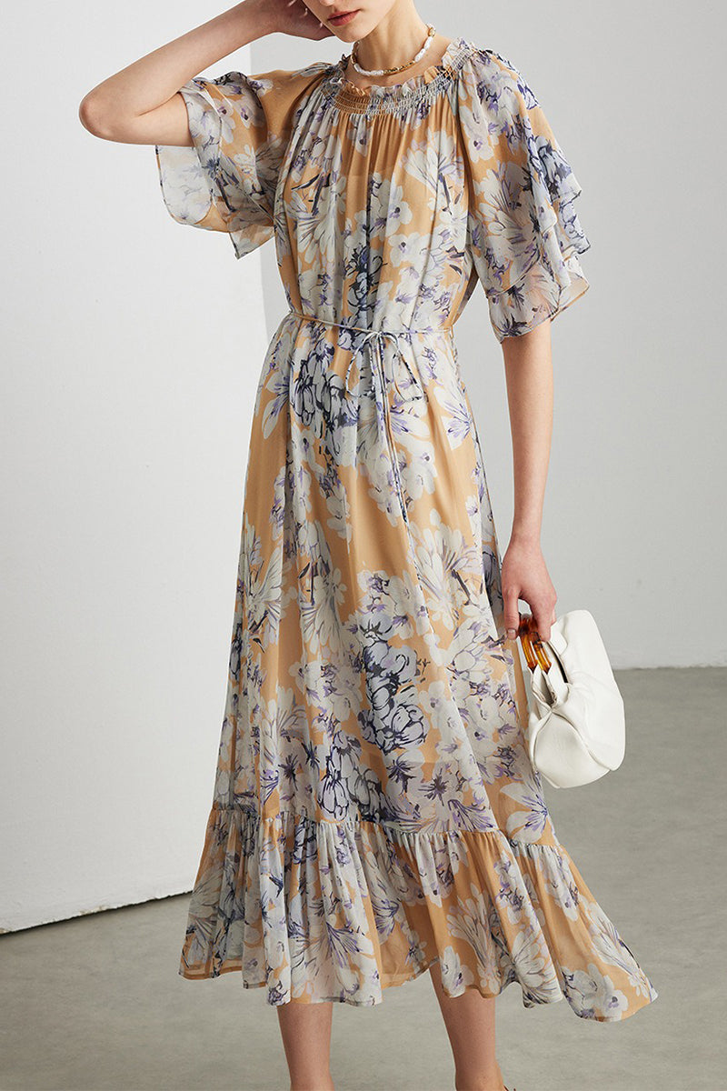 100% Silk Georgette Floral Off-The-Shoulder Midi Dress