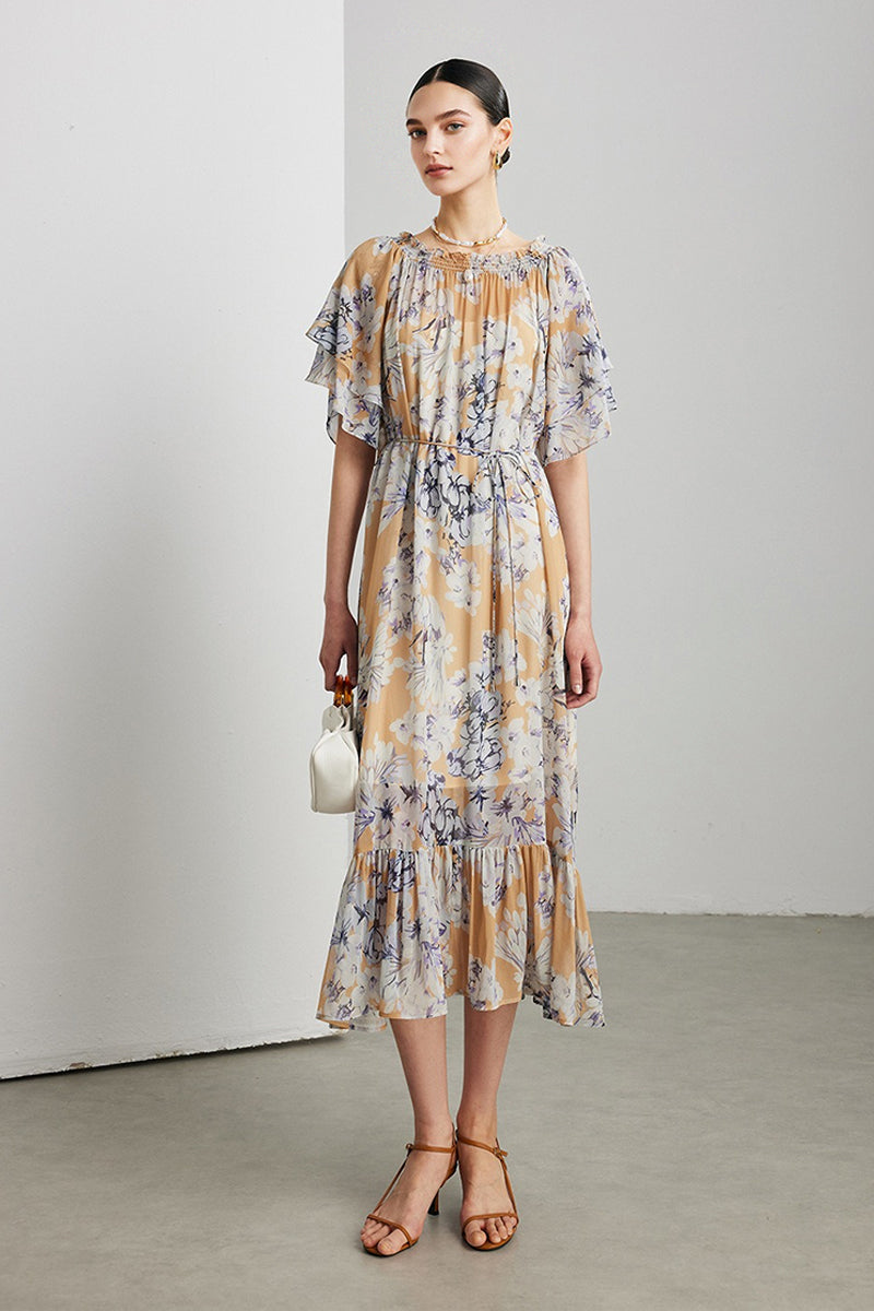 100% Silk Georgette Floral Off-The-Shoulder Midi Dress