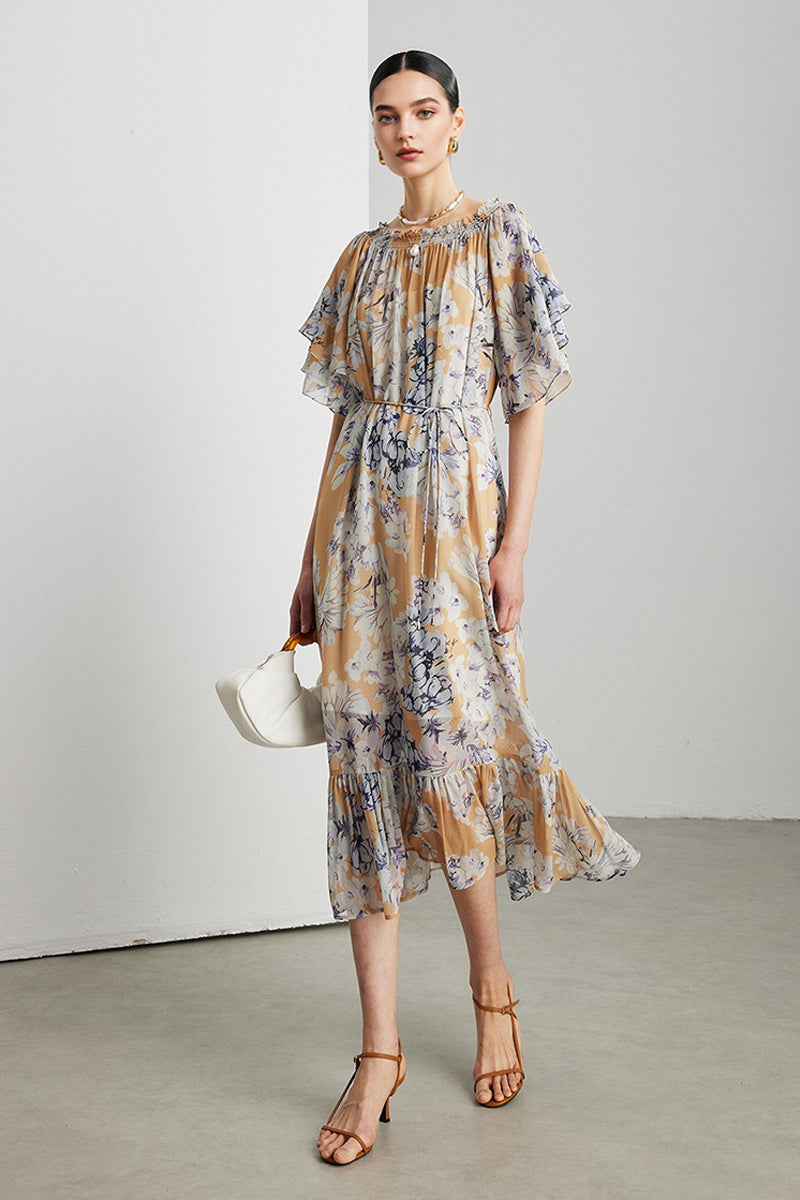 100% Silk Georgette Floral Off-The-Shoulder Midi Dress