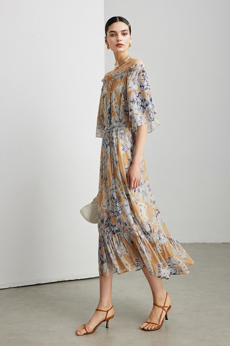100% Silk Georgette Floral Off-The-Shoulder Midi Dress