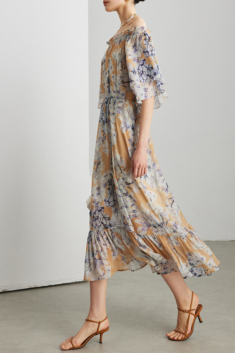 100% Silk Georgette Floral Off-The-Shoulder Midi Dress
