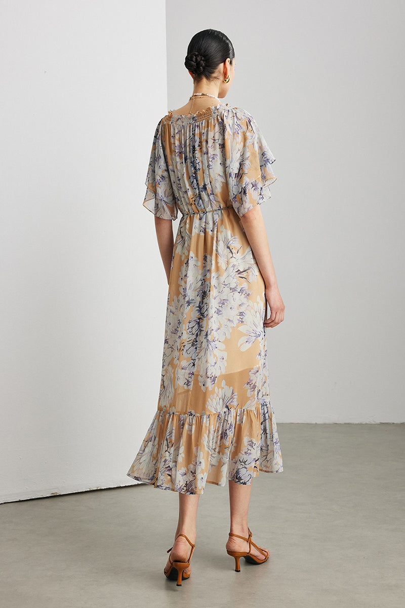 100% Silk Georgette Floral Off-The-Shoulder Midi Dress