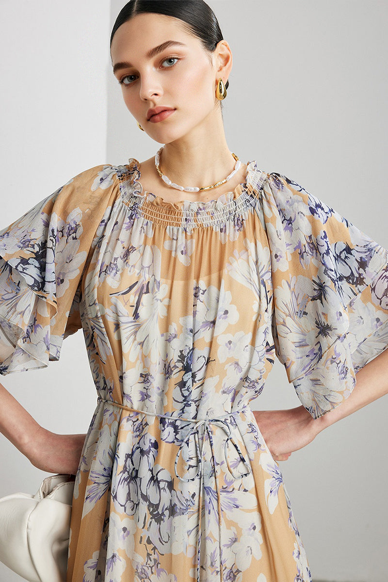 100% Silk Georgette Floral Off-The-Shoulder Midi Dress