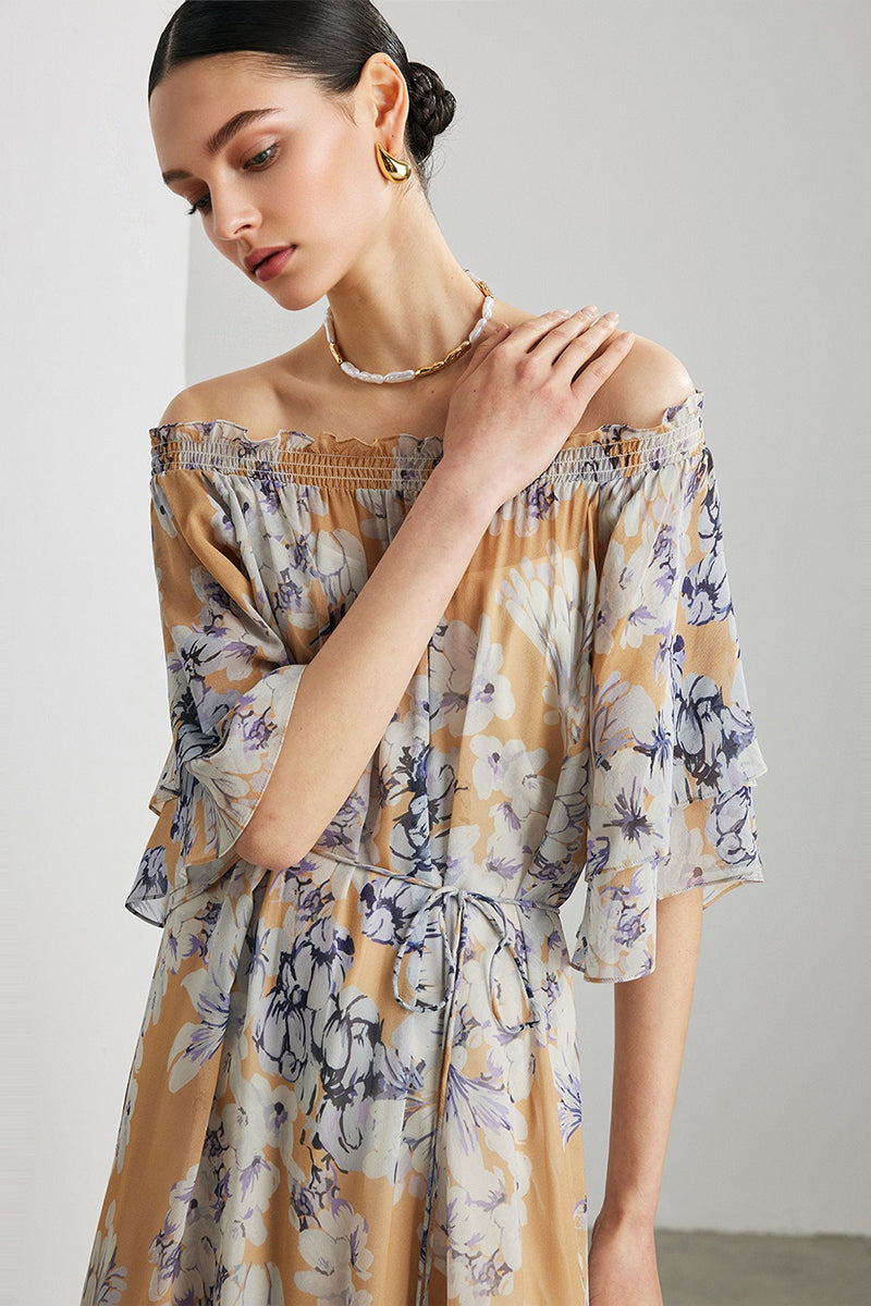 100% Silk Georgette Floral Off-The-Shoulder Midi Dress