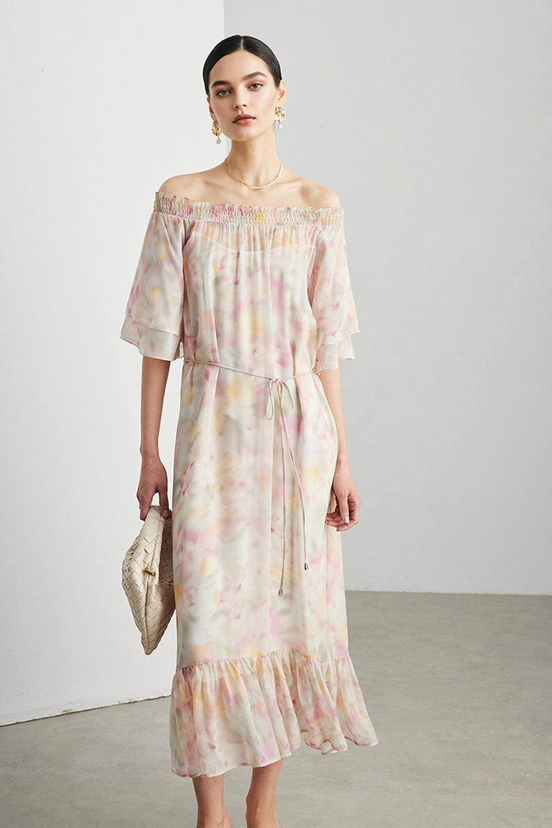 100% Silk Georgette Floral Off-The-Shoulder Midi Dress