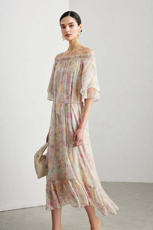 100% Silk Georgette Floral Off-The-Shoulder Midi Dress