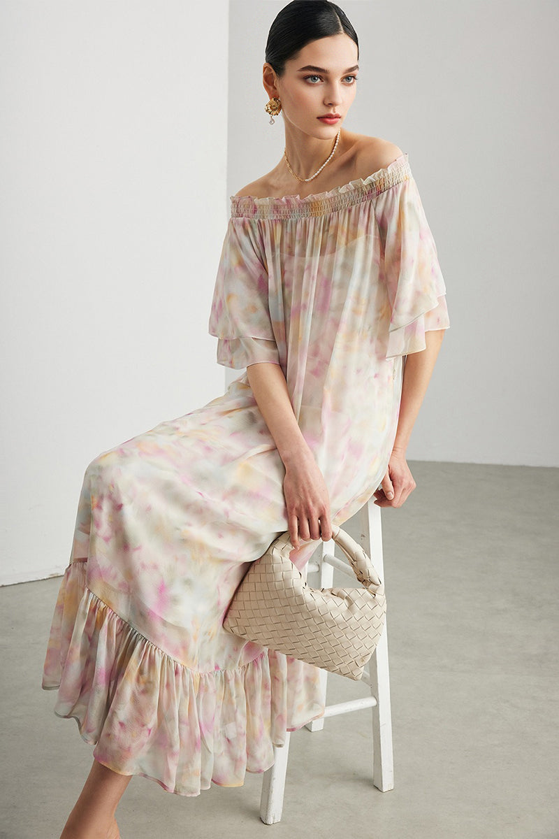 100% Silk Georgette Floral Off-The-Shoulder Midi Dress