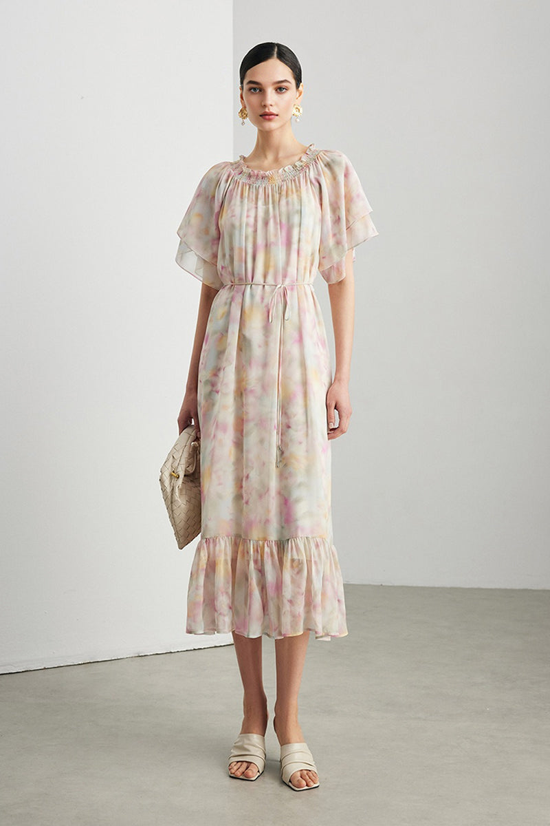 100% Silk Georgette Floral Off-The-Shoulder Midi Dress