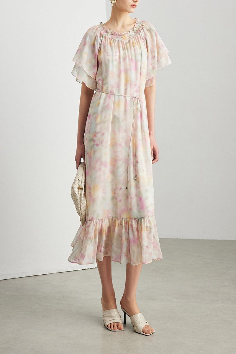 100% Silk Georgette Floral Off-The-Shoulder Midi Dress