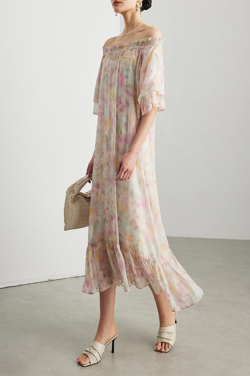 100% Silk Georgette Floral Off-The-Shoulder Midi Dress