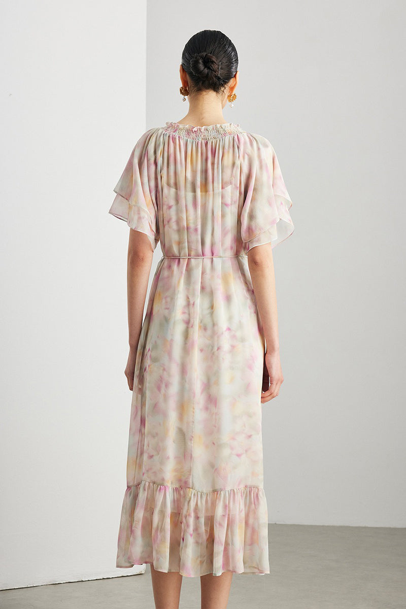 100% Silk Georgette Floral Off-The-Shoulder Midi Dress