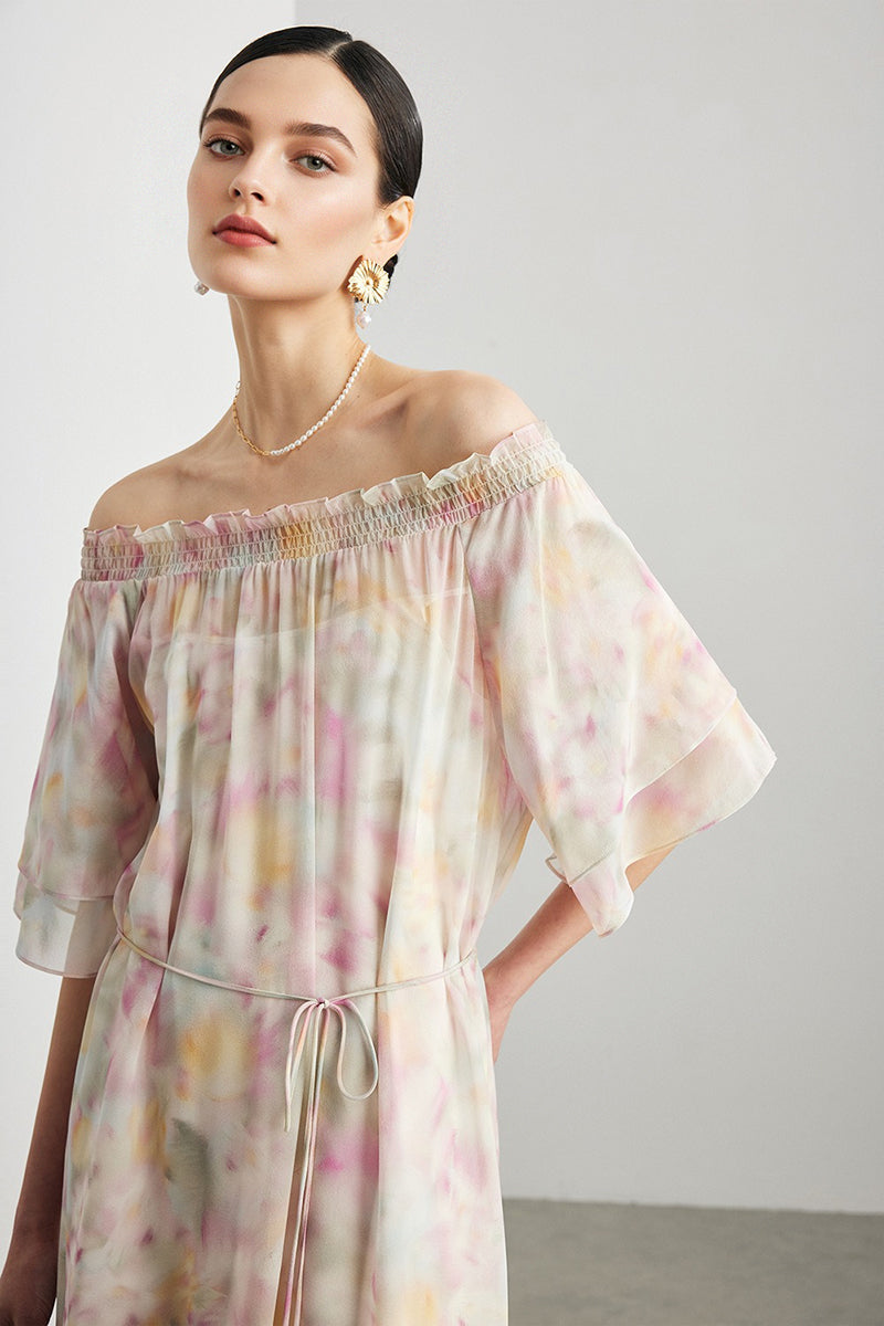 100% Silk Georgette Floral Off-The-Shoulder Midi Dress