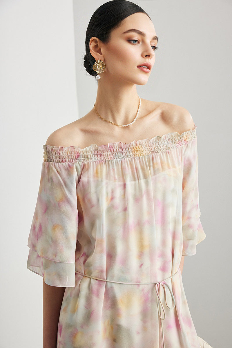 100% Silk Georgette Floral Off-The-Shoulder Midi Dress