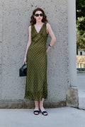 100 Silk Polka Dot Bias-Cut Midi Dress in Olive Green
