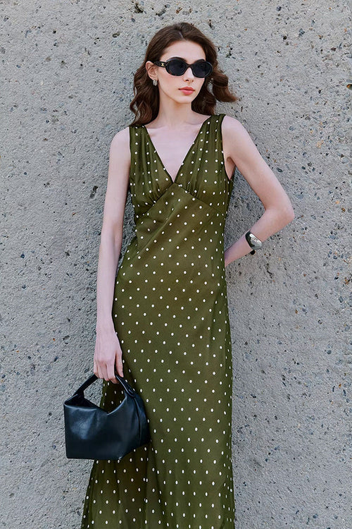 100 Silk Polka Dot Bias-Cut Midi Dress in Olive Green