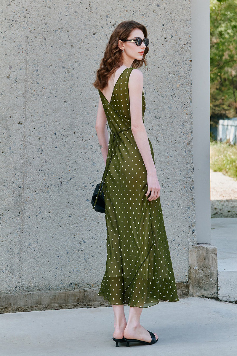 100 Silk Polka Dot Bias-Cut Midi Dress in Olive Green