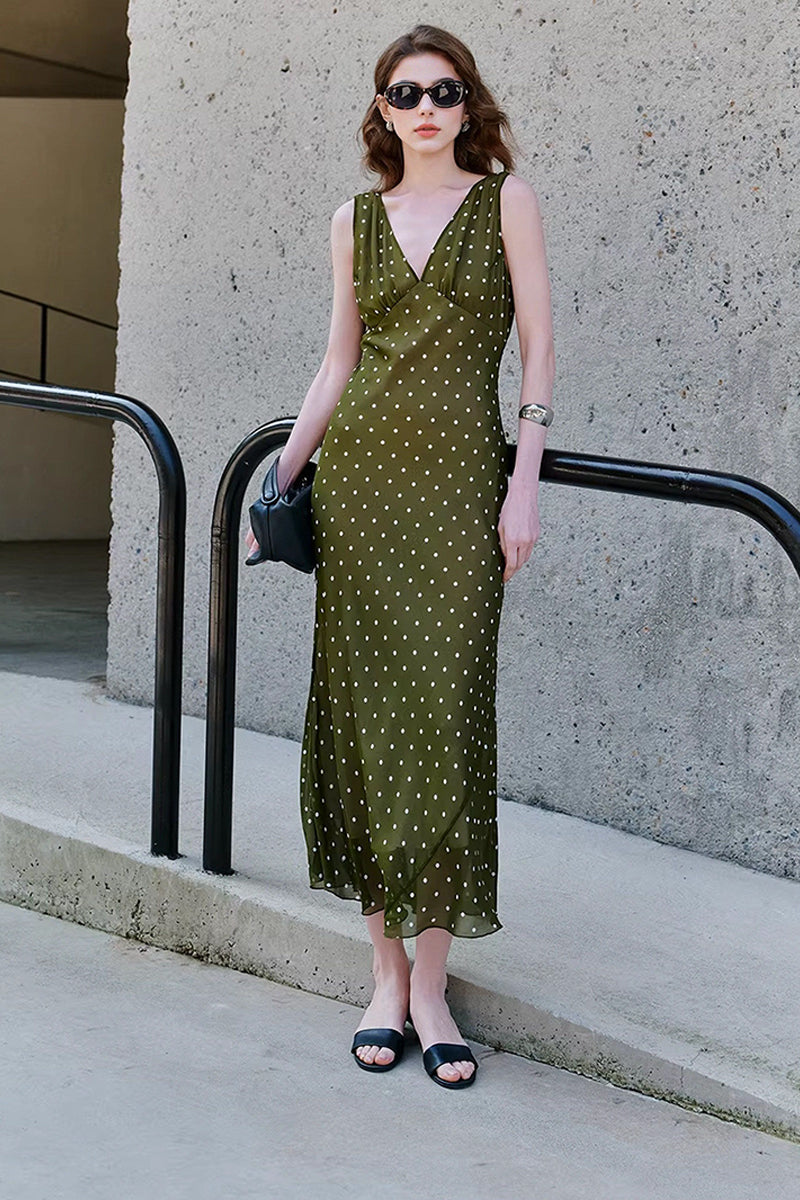 100 Silk Polka Dot Bias-Cut Midi Dress in Olive Green