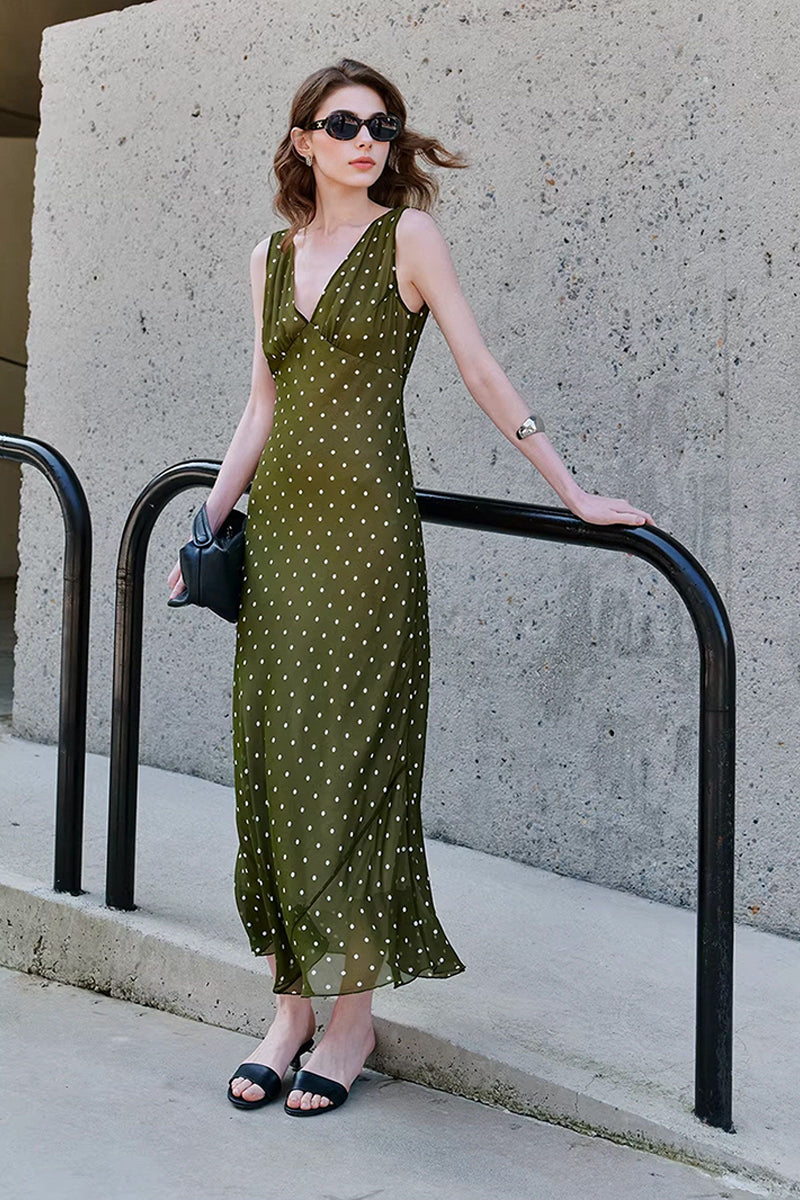 100 Silk Polka Dot Bias-Cut Midi Dress in Olive Green