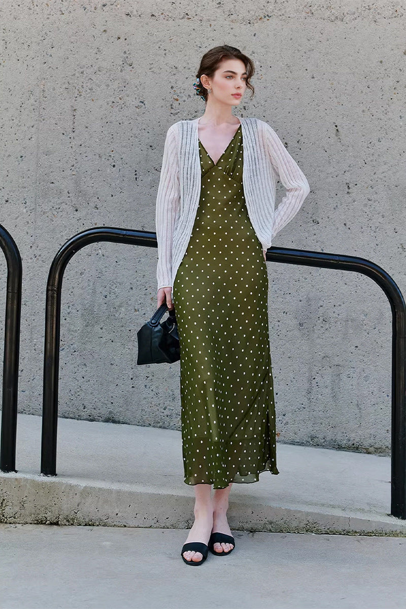 100 Silk Polka Dot Bias-Cut Midi Dress in Olive Green