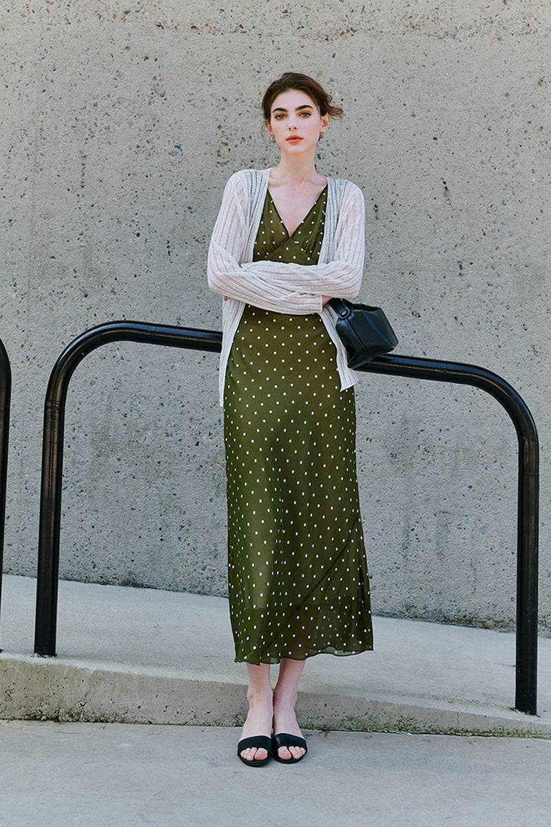 100 Silk Polka Dot Bias-Cut Midi Dress in Olive Green