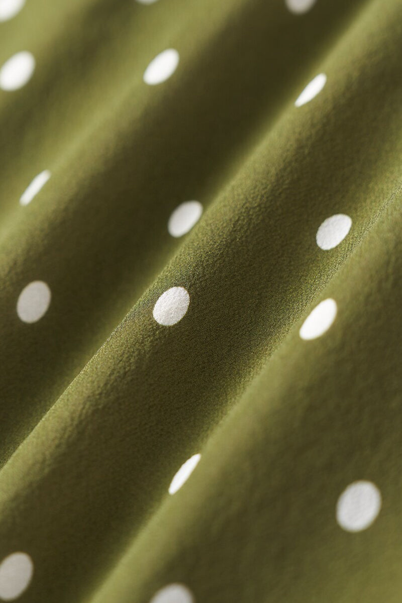 100 Silk Polka Dot Bias-Cut Midi Dress in Olive Green