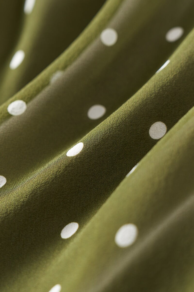 100 Silk Polka Dot Bias-Cut Midi Dress in Olive Green