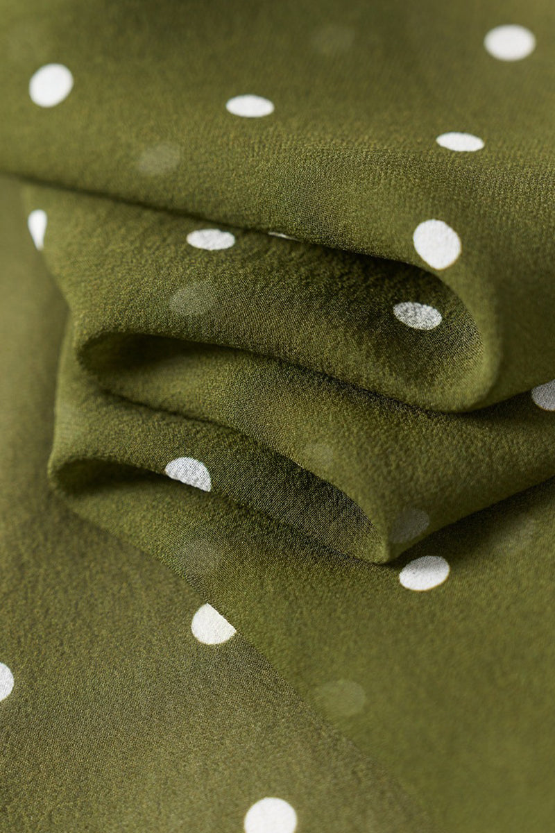 100 Silk Polka Dot Bias-Cut Midi Dress in Olive Green