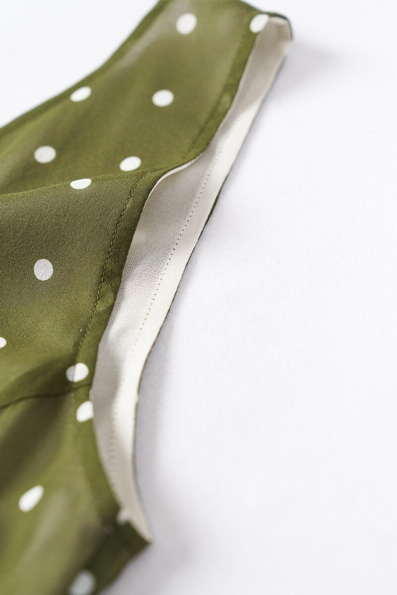 100 Silk Polka Dot Bias-Cut Midi Dress in Olive Green
