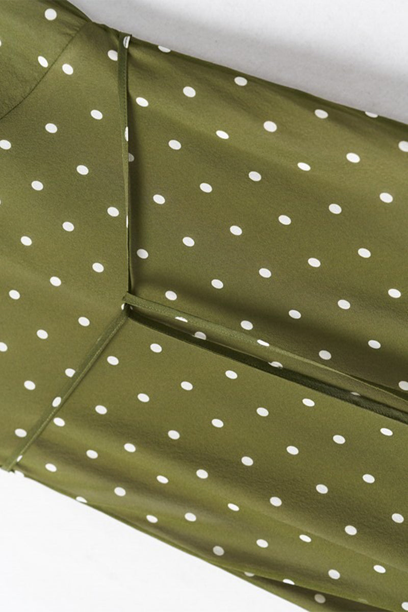 100 Silk Polka Dot Bias-Cut Midi Dress in Olive Green